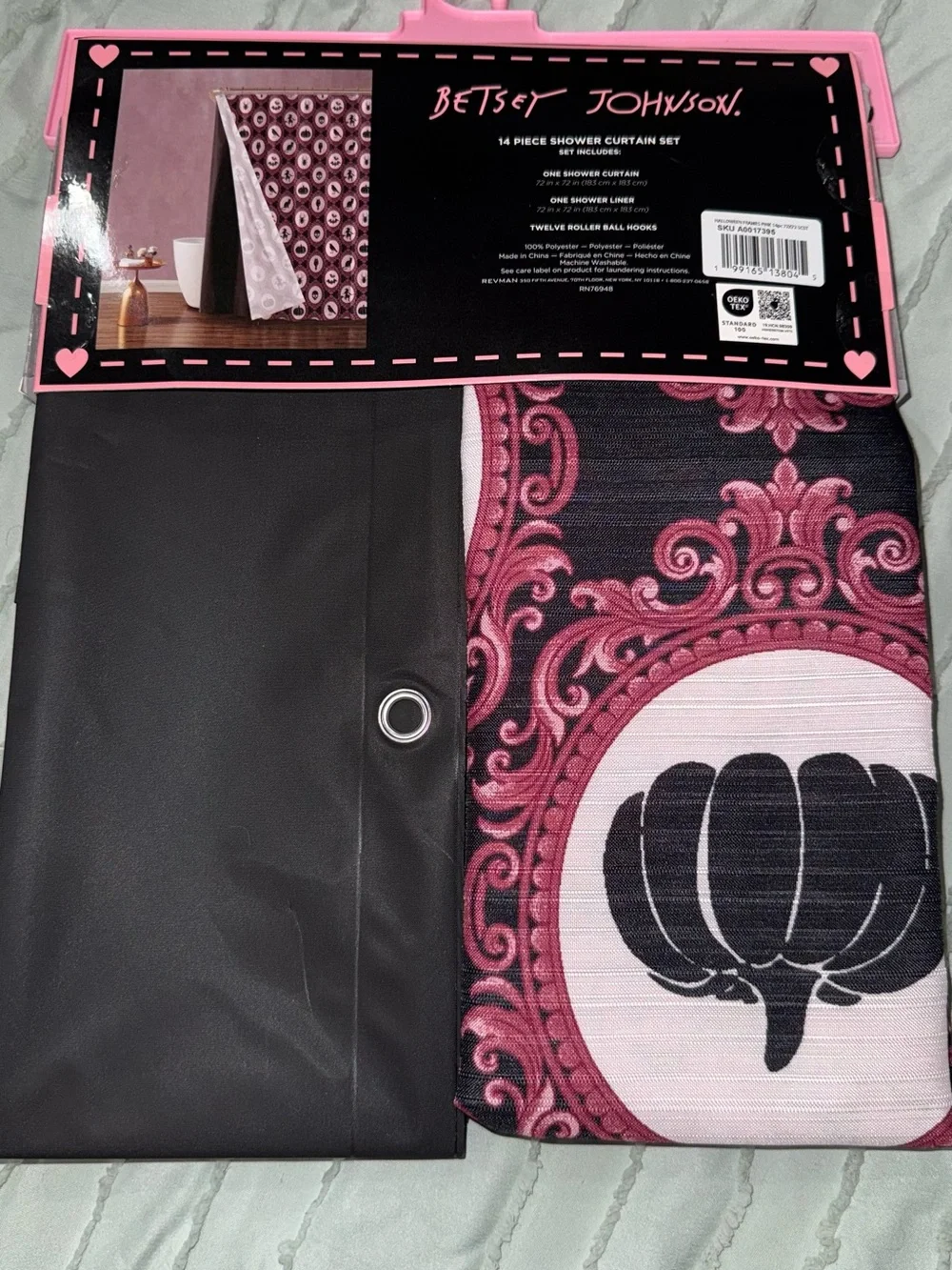 Betsey Johnson Pink and Black Pumpkin Shower Curtain Set